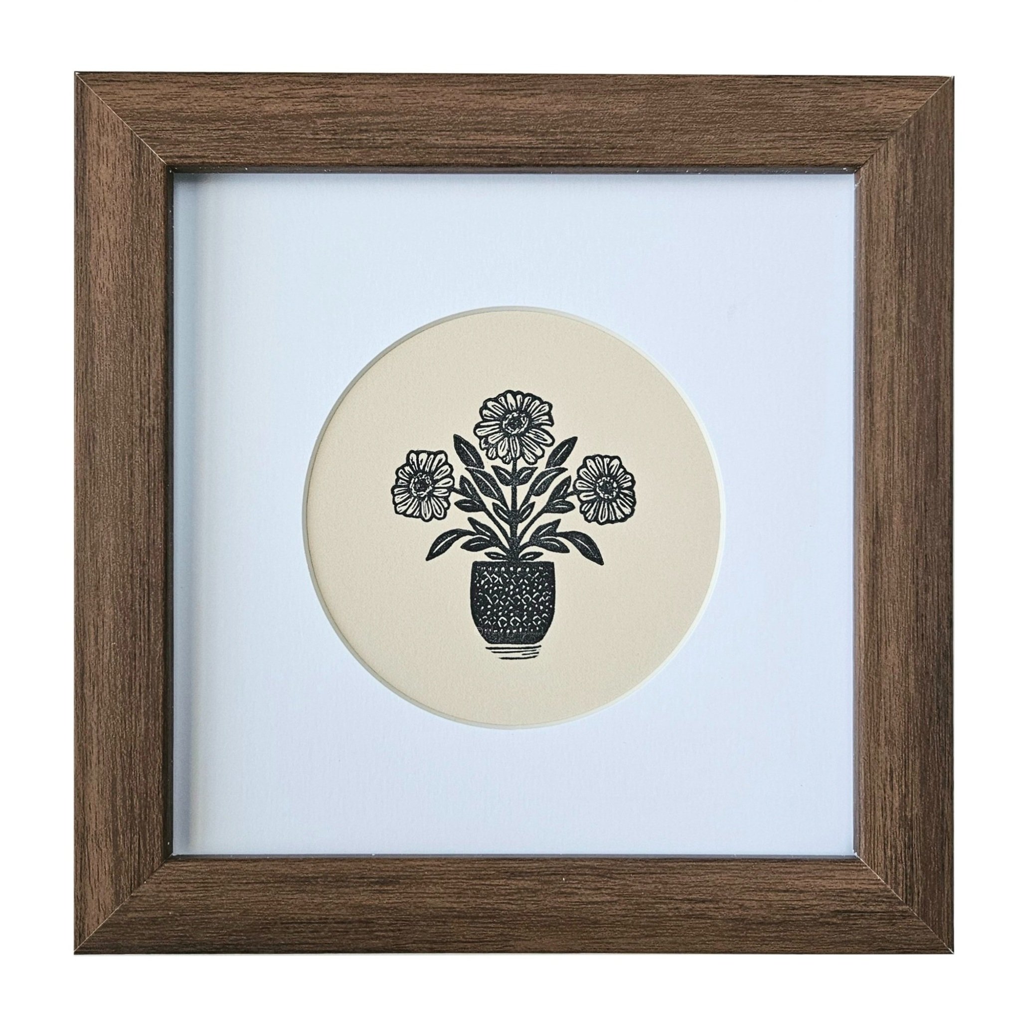 Zinnia flower block print - neutral botanical print - small square